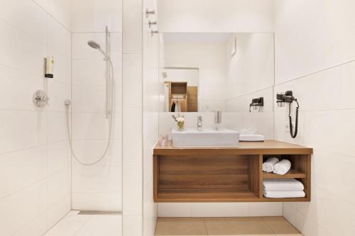 La salle de bains est pourvue d'un lavabo et d'une douche. dans l'établissement Landhotel Beck, à Kupferzell