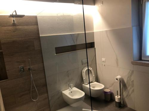 a bathroom with a shower and a toilet and a sink at Villa Cantoni Marca in Sabbioneta