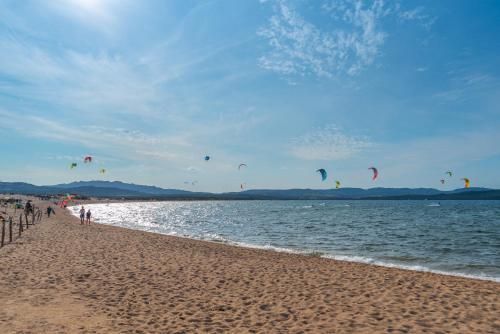 a group of people flying kites on the beach at Conchiglia Verde in Barrabisa