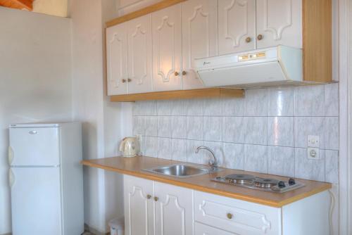 a kitchen with a sink and a white refrigerator at Magda Hotel Apartments in Ancient Epidauros