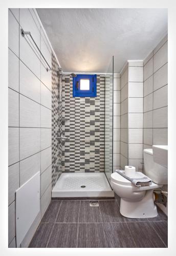 a bathroom with a shower and a toilet and a sink at Dionysos Apartments & Studios in Stalís