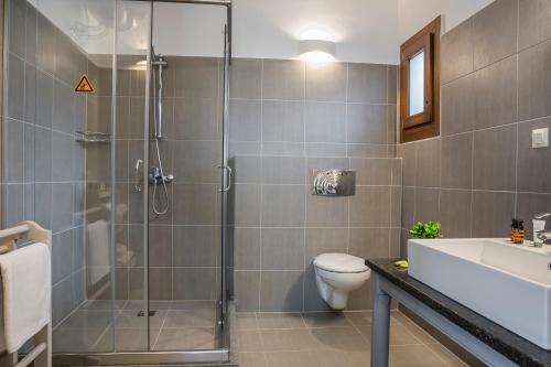 a bathroom with a shower and a toilet and a sink at Balhambra Suites - Adults Only in Fiskardho
