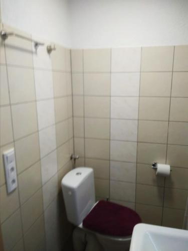 a bathroom with a toilet with a red seat at Ferienwohnung Sowade in Nebra