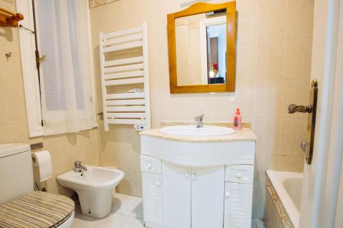 ein Badezimmer mit einem Waschbecken, einem WC und einem Spiegel in der Unterkunft APARTAMENTO CENTRICO JUNTO ESTACION TREN Y AUTOBUS in San Sebastián