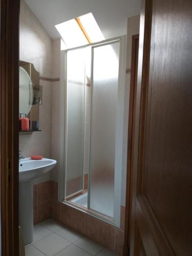 a bathroom with a shower and a sink at LES 3 COLLINES Gîtes, Panorama sur les Pyrénées in Saint-Vincent
