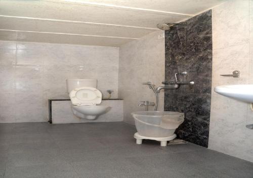 a bathroom with a toilet and a sink at Hotel Radhika Pune in Pune