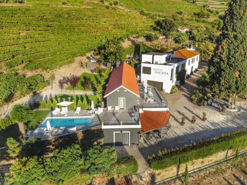 an aerial view of a house in a vineyard at Quinta da Salada - Turismo Rural in Lamego