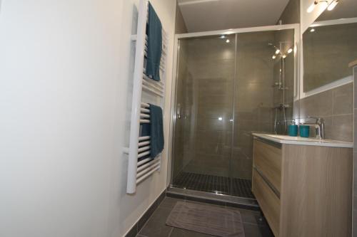 y baño con ducha con cabina de ducha de cristal. en Le First by EasyEscale, en Romilly-sur-Seine