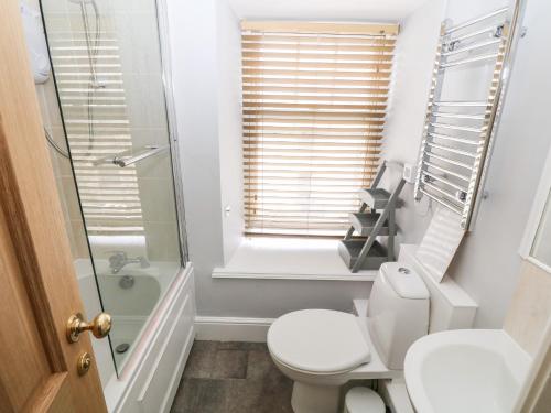 a white bathroom with a toilet and a shower at Penmaen House in Caernarfon