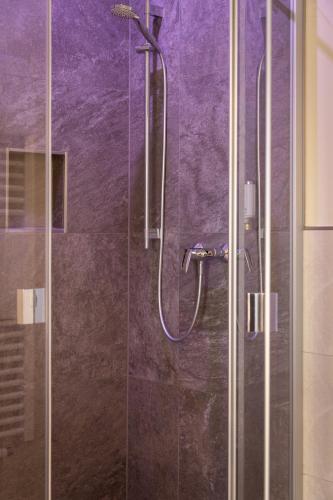a bathroom with a shower with a glass door at Hotel-Gasthof Höttl in Deggendorf