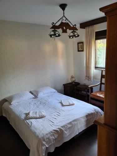 a bedroom with a bed and a chandelier at La Bunica in Cisnadioara