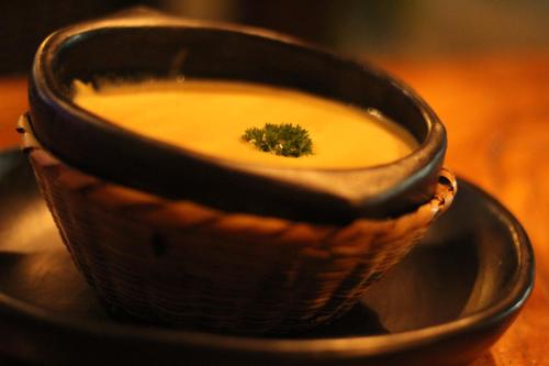 a bowl of soup with a small plant in it at Hostal Villa Cata in El Zaino