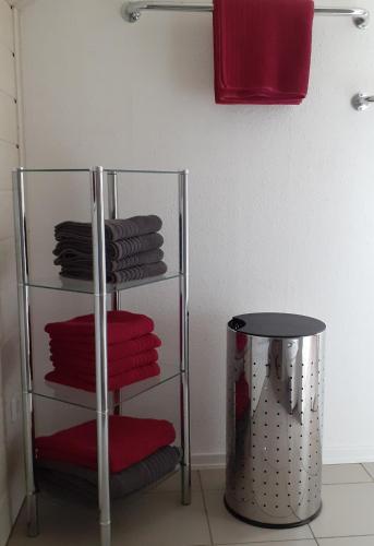a glass rack with red towels and a trash can at Ferienwohnung Rheinzabern in Rheinzabern