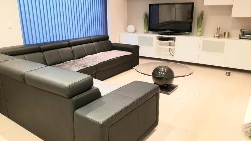un soggiorno con divano in pelle nera e TV di La Pauline a Veurne