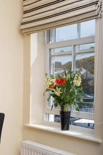 a vase with flowers sitting on a window sill at Waterfront Apartments in Douglas