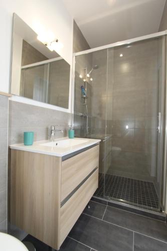 W łazience znajduje się umywalka i prysznic. w obiekcie L'Eden by EasyEscale w mieście Romilly-sur-Seine