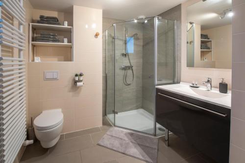 a bathroom with a shower and a toilet and a sink at La Villa et sa plume in Divonne-les-Bains