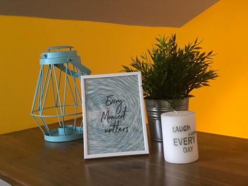 a table with a picture and a lamp and a plant at Tulipán Villa Panzió in Szolnok