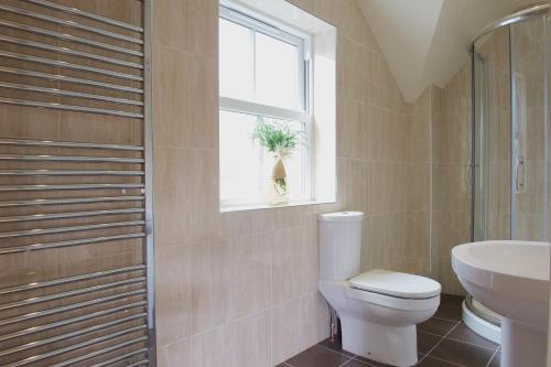 a bathroom with a toilet and a sink and a window at Waterfront Apartments in Douglas