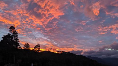 a sunset over a mountain with trees in the foreground at White Home in Haputale