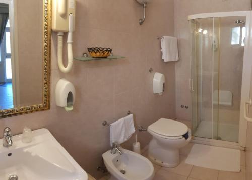 e bagno con servizi igienici, doccia e lavandino. di Hotel Parco Dei Principi ad Anzio