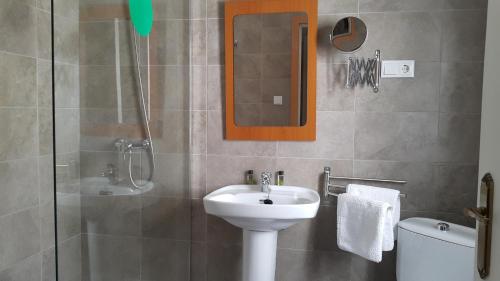 W łazience znajduje się umywalka, prysznic i toaleta. w obiekcie Nuevo Hotel Vista Alegre w mieście Valdepeñas