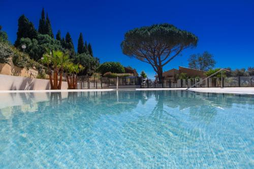 een groot zwembad met een boom op de achtergrond bij Domaine de Miremer in La Garde-Freinet