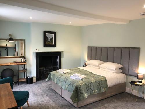 1 dormitorio con 1 cama grande y chimenea en Mount Street House, en Brecon