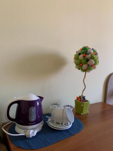 
a coffee cup and a vase on a table at Eko Penzion Leo in Dudince
