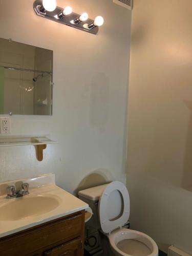 a bathroom with a toilet and a sink and a mirror at IceBerg Inn in Churchill