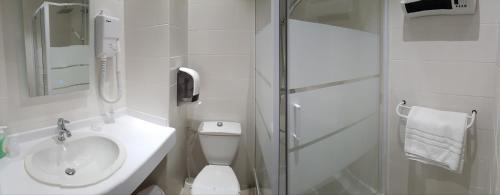 a bathroom with a toilet and a sink and a shower at Hôtel La Bérangère in Pérouges