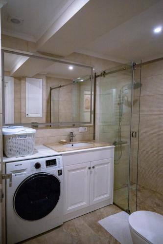 a bathroom with a washing machine and a sink at Casa Viilor in Chişinău