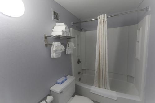 a white bathroom with a toilet and a shower at Super 8 by Wyndham Manassas in Manassas