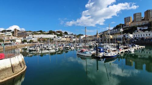 a bunch of boats are docked in a harbor at Christie Cottage Trinity Mews in Torquay