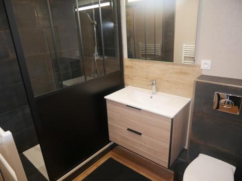 een badkamer met een wastafel, een spiegel en een toilet bij Maison cœur de ville esprit industriel - Le Loft12 in Châteauroux
