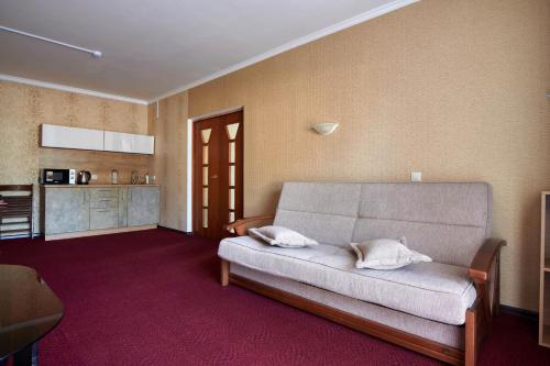 盧爾的住宿－滑鐵盧酒店，带沙发的客厅和厨房