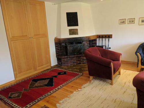 a living room with a chair and a fireplace at Chalet Garnedel in Breil/Brigels