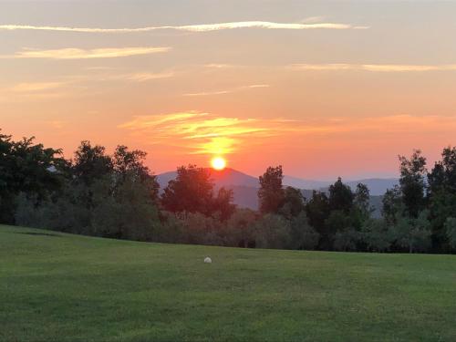 a sunset over a green field with the sun setting at Podere La Casa in Villa dʼArceno