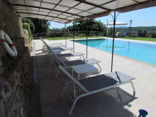 a row of lounge chairs next to a swimming pool at Podere La Casa in Villa dʼArceno