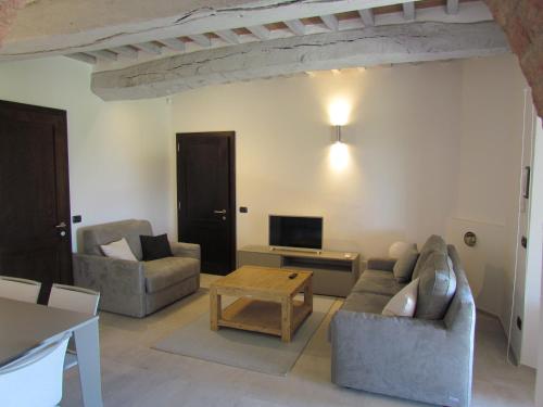 a living room with two couches and a tv at Podere La Casa in Villa dʼArceno