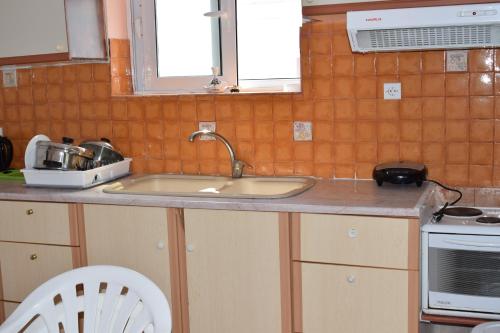 a kitchen counter with a sink and a microwave at Red Sun Apartments in Amoudi