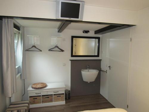 uma casa de banho com um lavatório e um espelho na parede em Belle - Mooi Zuid Limburg em Simpelveld