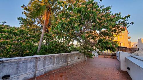 a balcony with trees and a wall with a sidewalk at Kariappa House in Puducherry