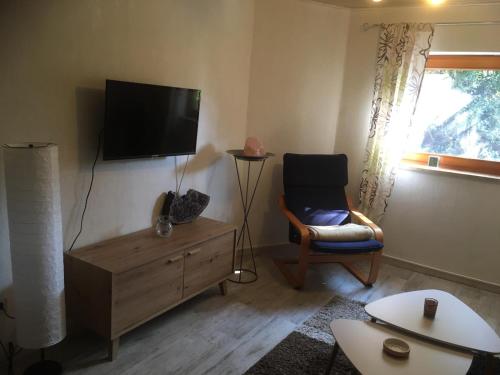 a living room with a chair and a tv on the wall at Apartment 4you in Eggolsheim