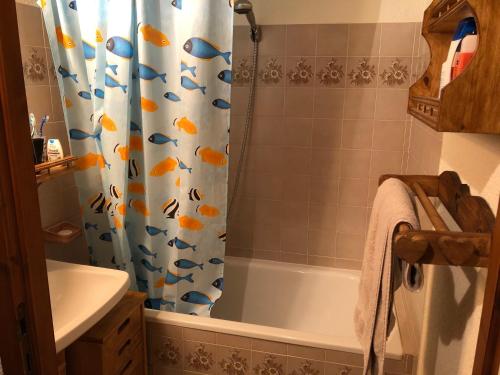 a bathroom with a shower curtain with fish on it at Studio Combloux Pied des pistes in Combloux