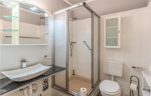 een badkamer met een douche, een toilet en een wastafel bij Amazing Apartment In Friedrichskoog With Kitchen in Friedrichskoog