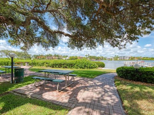 a picnic table and bench under a tree next to the water at Luxury Waterfront Views - Heated Pool - 1400sf Duplex - Minutes to the Beach in Siesta Key