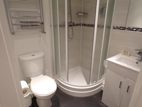 a bathroom with a shower and a toilet and a sink at Coast 77 B&B in Poole