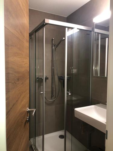 a glass shower in a bathroom with a sink at Wohnung Haus St. Martin in Zermatt