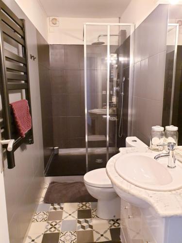 a bathroom with a toilet and a sink and a shower at Suite privé dans maison de village in Soual